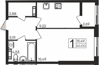 Квартира 1-комн. 40 кв. м