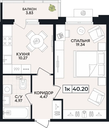 Квартира 1-комн. 40.2 кв. м