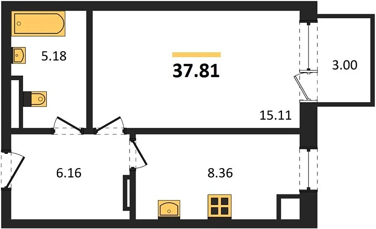 Квартира 1-комн. 37.81 кв. м
