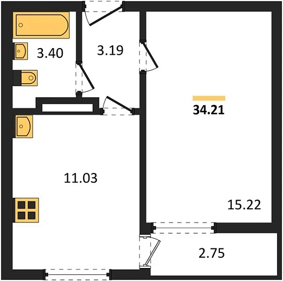 Квартира 1-комн. 34.21 кв. м
