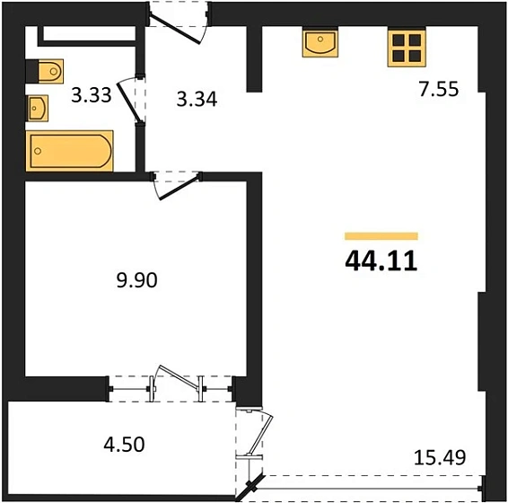 Квартира 2-комн. 44.11 кв. м