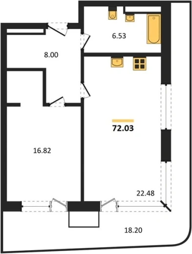 Апартаменты 1-комн. 72.03 кв. м