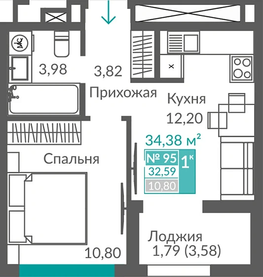 Квартира 1-комн. 32.59 кв.м
