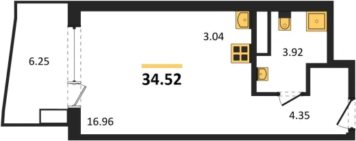 Апартаменты 1-комн. 34.52 кв. м