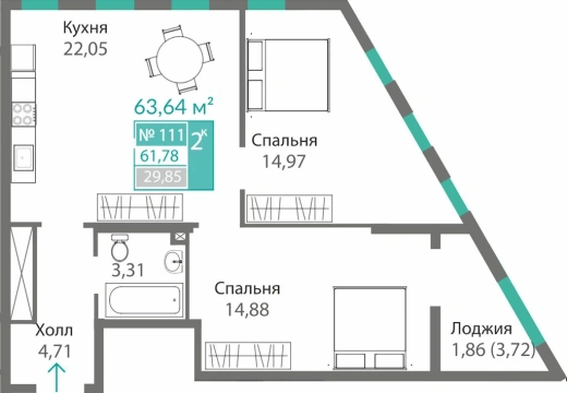 Квартира 2-комн. 61.78 кв.м