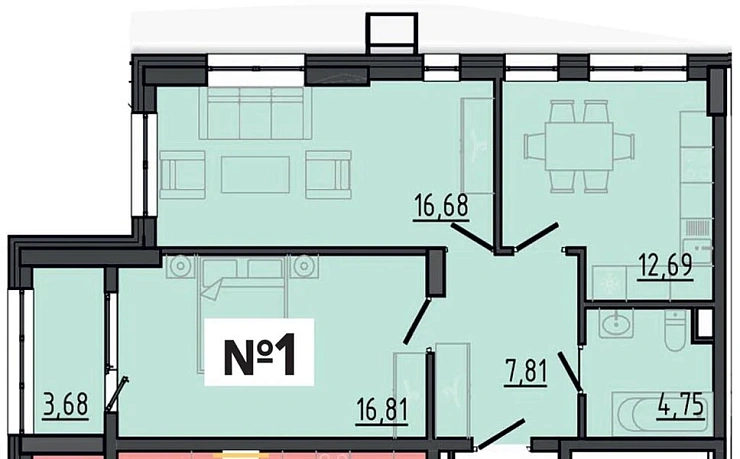 Квартира 2-комн. 60.58 кв. м