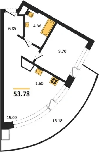 Апартаменты 1-комн. 53.78 кв. м