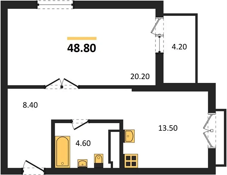 Квартира 1-комн. 48.8 кв. м