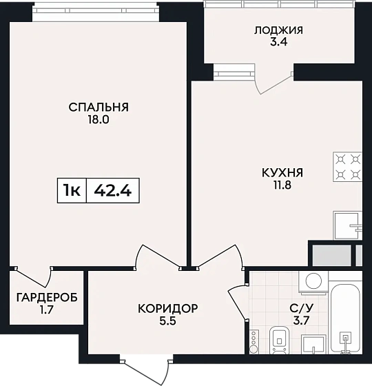 Квартира 1-комн. 42.4 кв. м