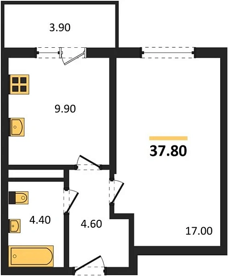 Квартира 1-комн. 37.8 кв. м
