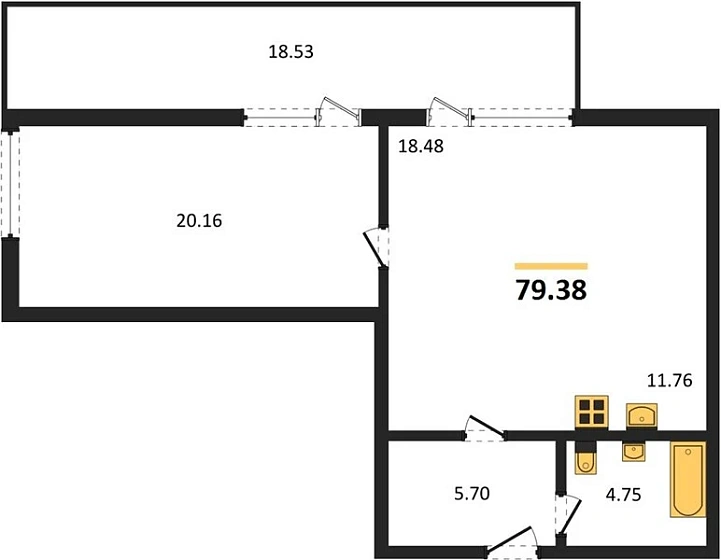 Квартира 1-комн. 79.38 кв. м