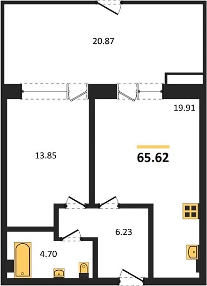Апартаменты 1-комн. 65.62 кв. м