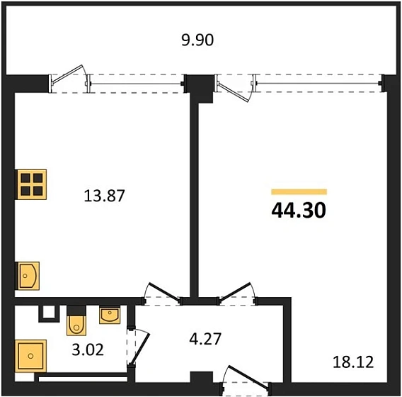 Квартира 1-комн. 44.3 кв. м