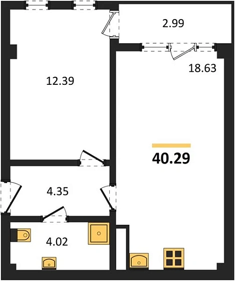 Квартира 1-комн. 40.29 кв. м