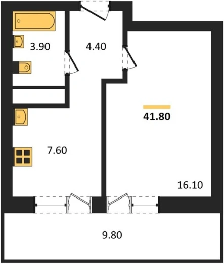 Квартира 1-комн. 41.8 кв. м