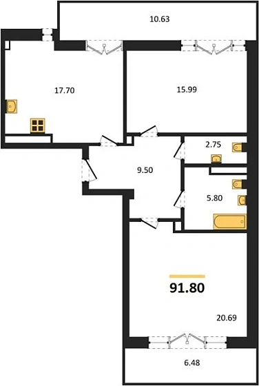 Квартира 2-комн. 91.8 кв. м