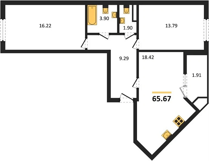 Квартира 2-комн. 65.67 кв. м