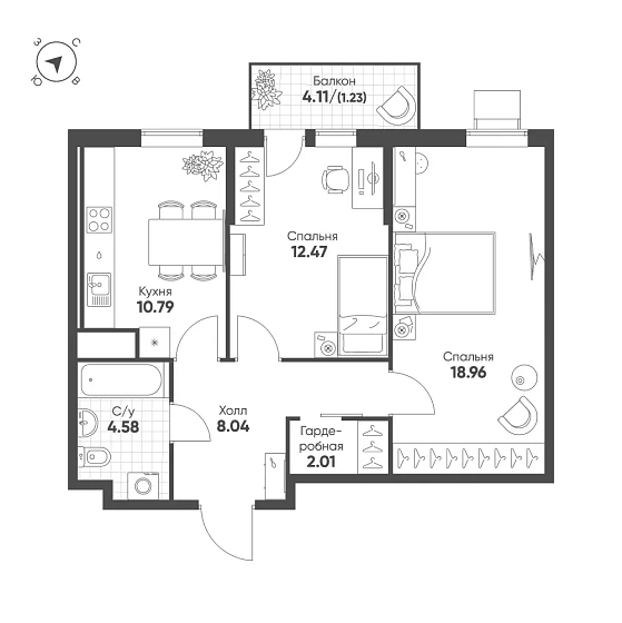 Квартира 2-комн. 58.08 кв. м