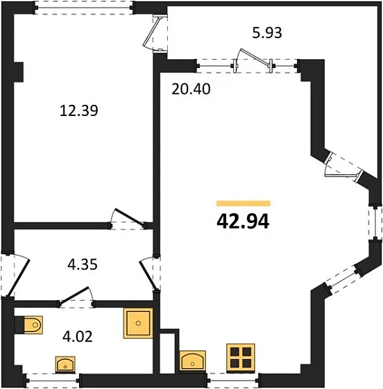 Квартира 1-комн. 42.94 кв. м