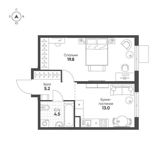 Квартира 1-комн. 42.5 кв. м