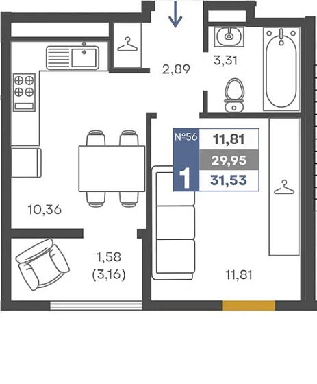 Квартира 1-комн. 29.95 кв. м