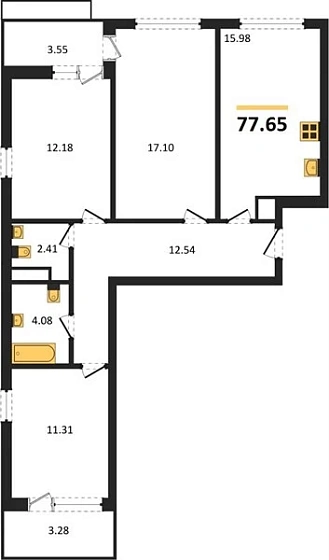 Квартира 3-комн. 77.65 кв. м