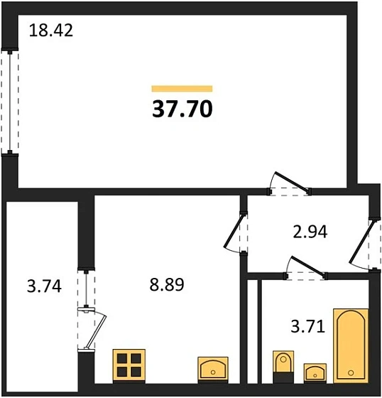 Квартира 1-комн. 37.7 кв. м