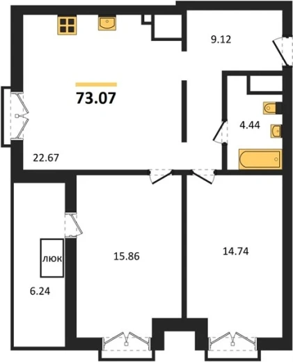 Квартира 2-комн. 73.07 кв. м