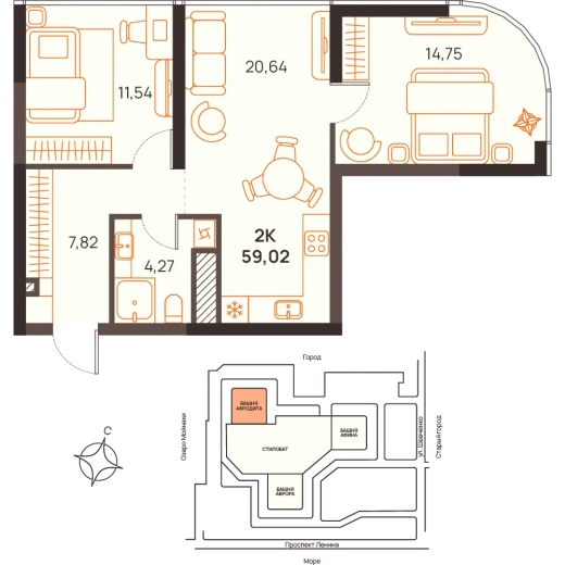 Квартира 2-комн. 59.02 кв. м