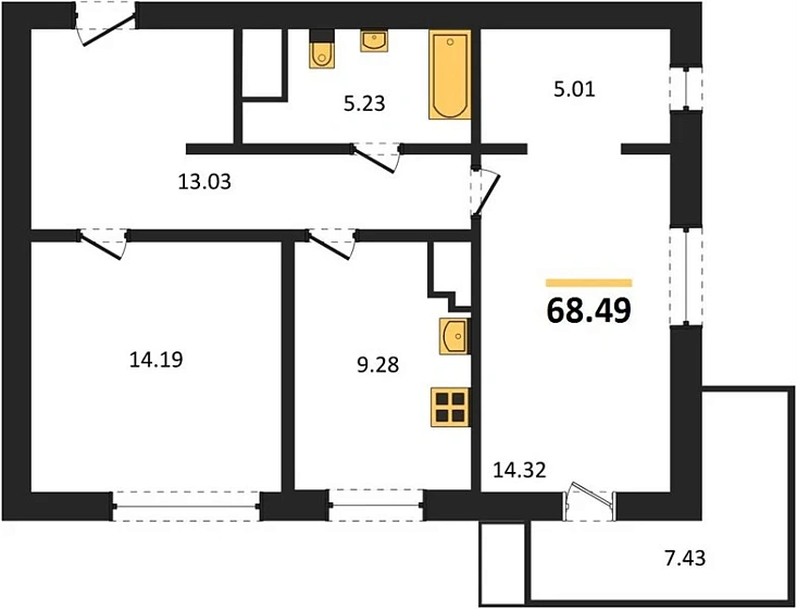 Квартира 2-комн. 68.49 кв. м
