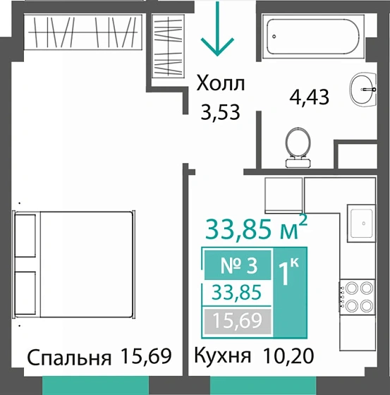 Квартира 1-комн. 33.85 кв.м