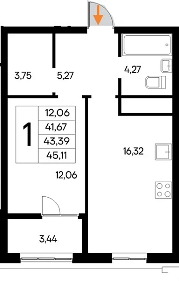 Квартира 1-комн. 45.11 кв. м