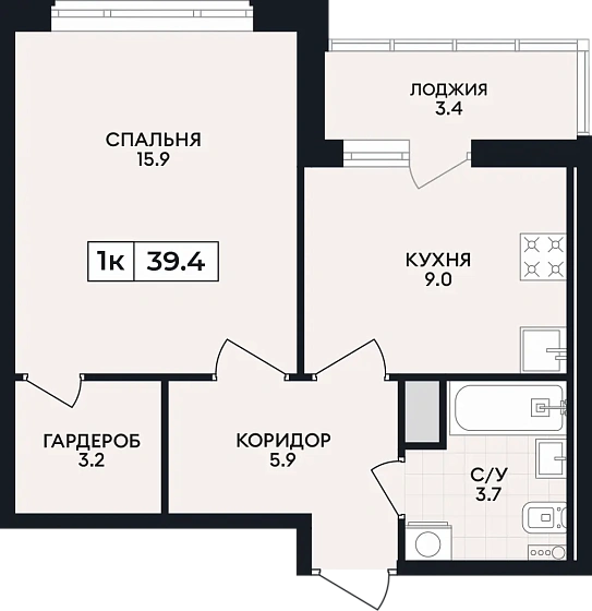 Квартира 1-комн. 39.4 кв. м