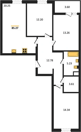 Квартира 3-комн. 85.27 кв. м