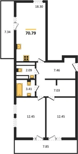 Квартира 2-комн. 70.79 кв. м