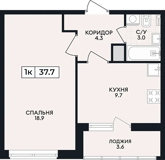 Квартира 1-комн. 37.7 кв. м