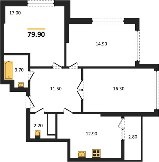 Квартира 3-комн. 79.9 кв. м