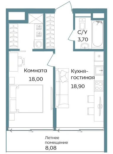 Апартаменты 1-комн. 48.68 кв. м