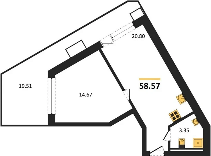 Апартаменты 1-комн. 58.57 кв. м