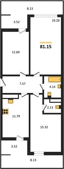 Квартира 3-комн. 81.15 кв. м