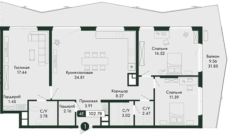 Квартира 3-комн. 102.78 кв. м