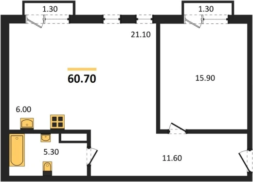 Квартира 1-комн. 60.7 кв. м