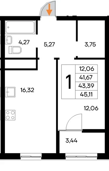 Квартира 1-комн. 45.11 кв. м