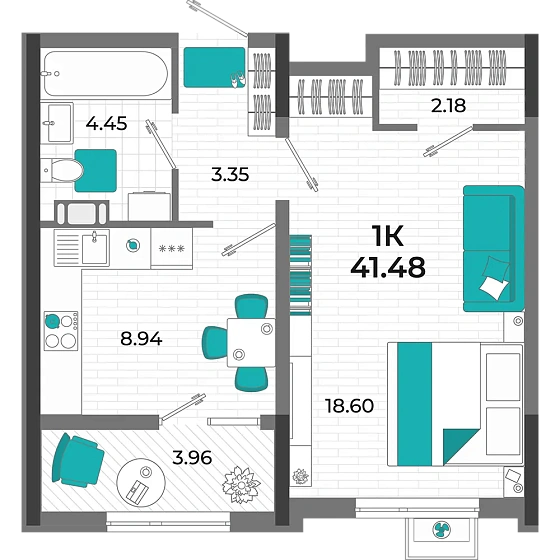 Квартира 1-комн. 41.48 кв. м