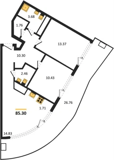 Апартаменты 2-комн. 85.3 кв. м