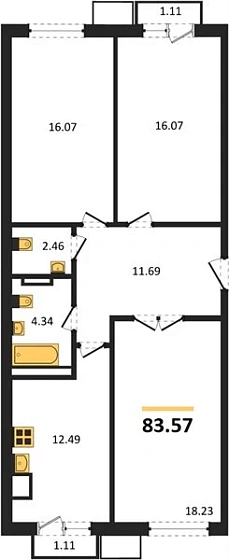 Квартира 3-комн. 83.57 кв. м