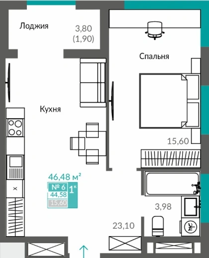 Квартира 1-комн. 44.58 кв.м